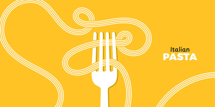 Spaghetti on fork. Italian food background. Abstract menu poster. World pasta day. Wave spaghetti lines. Italian cuisine packaging. Trendy bright yellow typography. Vector illustration art