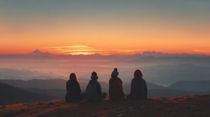 Peaceful Gathering of Friends Watching the Sunrise Over Majestic Mountain Horizon in a Calm Setting
