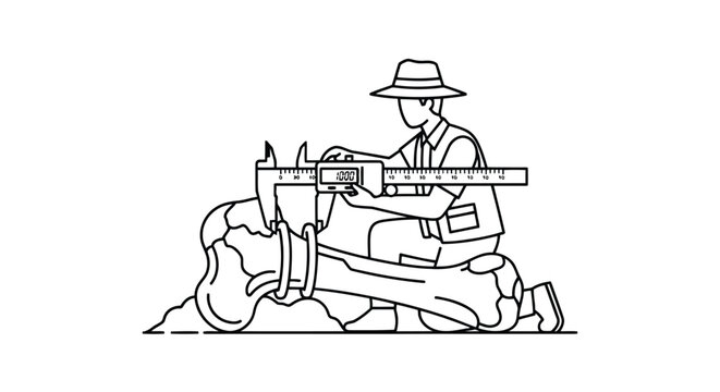 Man measuring bone with calipers in outdoor setting, line art style isolated on white background