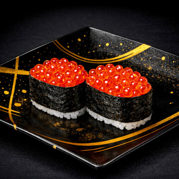 premium salmon roe ikura gunkan maki sushi on a luxury black plate with gold accents, glossy red caviar, traditional Japanese cuisine.