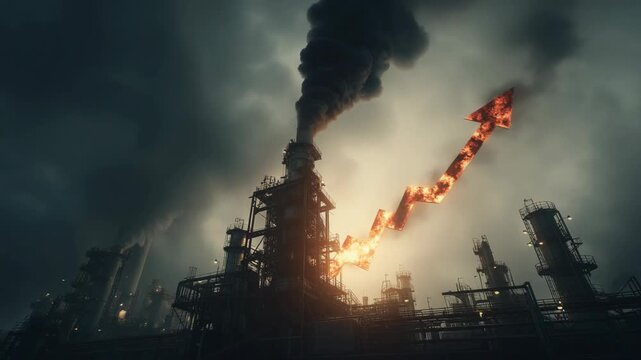 Black smoke cloud and fire burning fuel storage tanks at factory with rising arrow symbolizing fuel price surge, energy crisis, industrial disaster, and global oil market instability.