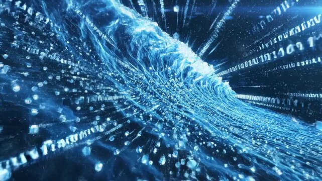 Abstract Digital Stream with Flowing Data and Particles in Blue Tones.