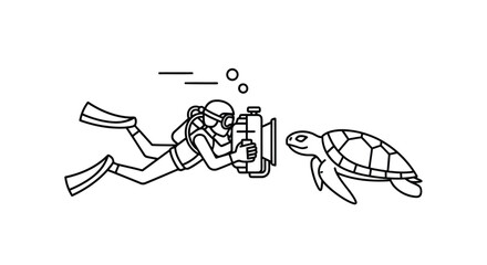 Fototapeta premium Scuba diver photographing a sea turtle underwater in a minimalist line art style isolated on white background