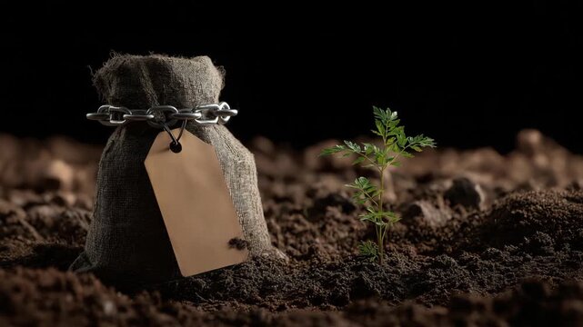 Fertilizer bag locked with a chain beside a struggling small green plant. Concept symbolizing fertilizer shortage, agricultural crisis, and challenges affecting crop growth and food production.