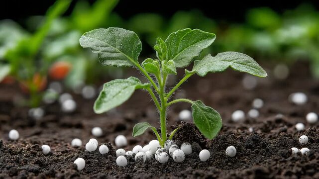 Urea fertilizer granules scattered on soil beside a young green plant. Agriculture concept showing crop nutrition, soil fertility, and modern farming with nitrogen fertilizer for plant growth