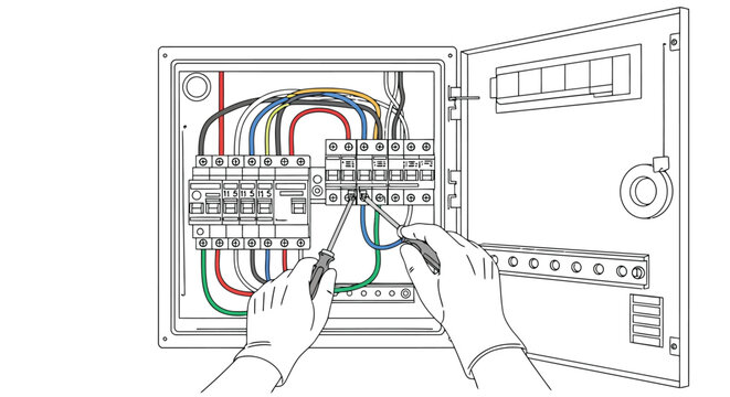 Hands working on electrical panel with wires and circuit breakers, line drawing style isolated on white background