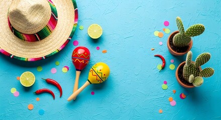Vibrant fiesta scene with sombrero maracas and cactus on blue background