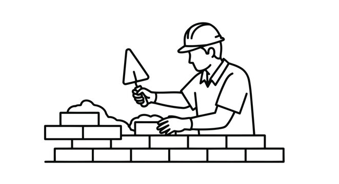 Man in hard hat building brick wall with trowel, flat vector construction illustration isolated on white background