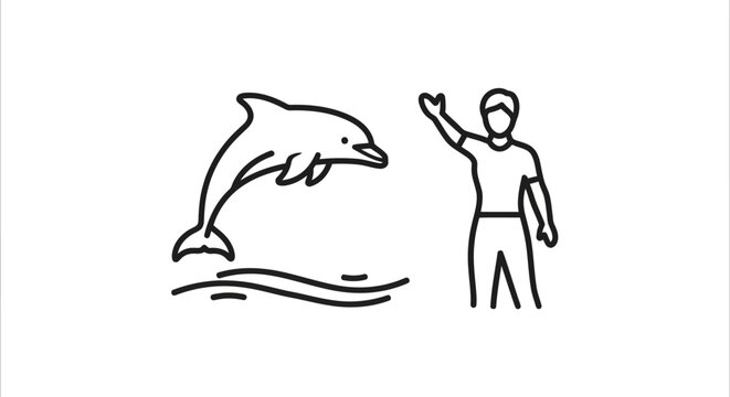 Man interacting with jumping dolphin in minimalist line art illustration isolated on white background