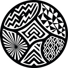 Circular tribal ornament featuring geometric zigzags and radial sunburst patterns within abstract sections for decorative art.