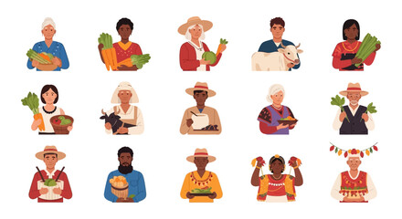 Fototapeta premium Multicultural Farmers Avatars Set. Diverse Agricultural Workers Holding Produce, Livestock, and Harvest. Vector Illustration Collection of Global Food Producers.