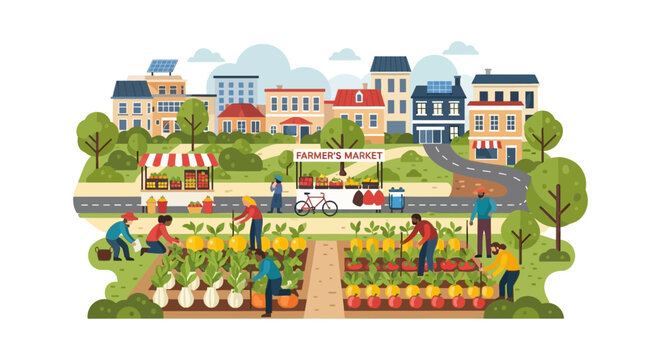 Urban Farming, Community Garden, and Farmer's Market. Sustainable city agriculture scene with diverse people harvesting and selling fresh local produce.