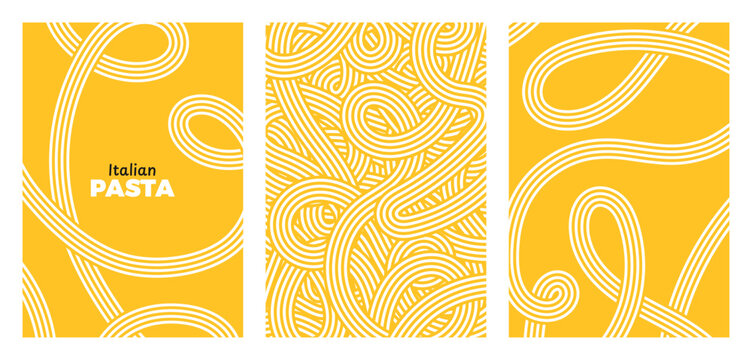 Italian Pasta poster set. Abstract wave yellow spaghetti lines. Noodle ramen pattern backgrounds. Italian food. Modern design for print. Vector illustration art