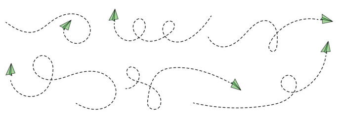 Colourful, fun paper plane with dotted line. Hand-drawn doodle aeroplane. flights paths icon collection. paper aeroplane route. Paper aeroplane with dashed flight path. 