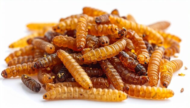 Pile of mealworms on white background