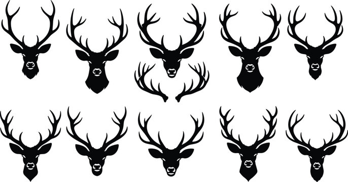 Deer head silhouette collection, stag antlers logo set, black wildlife animal icons, hunting trophy design elements, forest deer head vector illustration