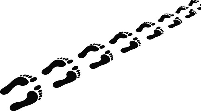 Human footprints trail silhouette, walking foot steps path vector, barefoot track pattern isolated, travel journey symbol, black feet print design