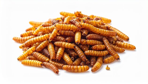Pile of mealworms on white background