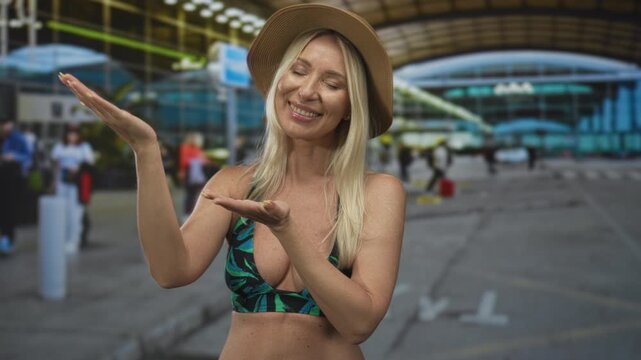 Blonde woman wearing green bikini top and strawhat presenting palms at airport; joy travel adventure.