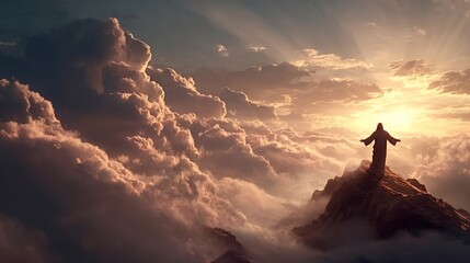 Jesus christ, with arms outstretched, stands on a mountain peak surrounded by glowing clouds, representing divinity, hope, and spiritual ascension with warm light radiating from the horizon