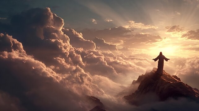 Jesus christ, with arms outstretched, stands on a mountain peak surrounded by glowing clouds, representing divinity, hope, and spiritual ascension with warm light radiating from the horizon