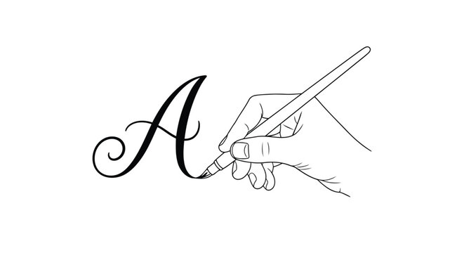Hand drawing letter A with calligraphy pen in elegant cursive script isolated on white background