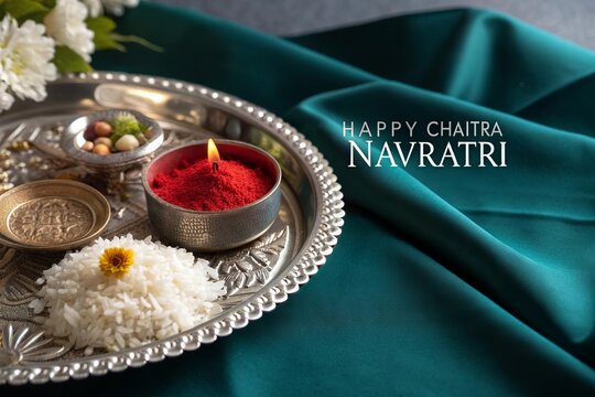 Traditional Hindu Navratri worship setup with sacred pooja items Resolution.