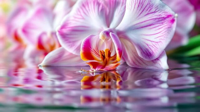 Delicate pink orchids float gracefully on calm water.