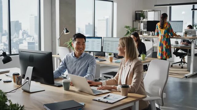Two colleagues collaborating at their desks in a modern office environment, discussing work on computer screens and laptops