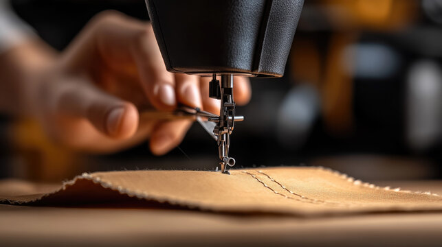 Hands expertly operating a sewing machine, stitching vibrant orange fabric with precision, highlighting the detailed process of garment creation and textile craftsmanship