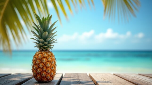 A tropical pineapple rests on weathered wooden planks, overlooking a tranquil ocean scene with a palm frond gently swaying in the warm breeze. 
