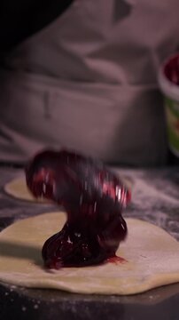 Delicious pies with berry jam. Vertical video about homemade pastries, cooking and confectionery