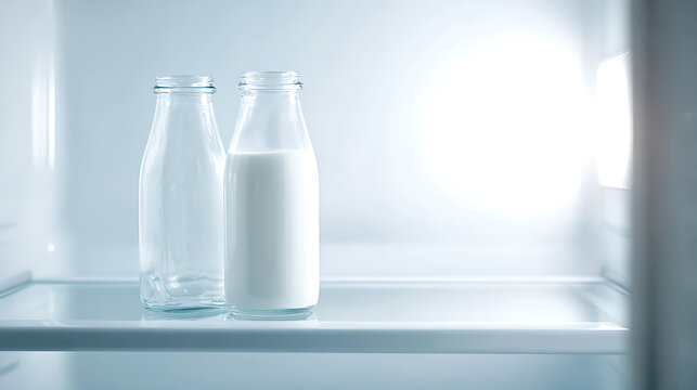 Two Glass Bottles in Refrigerator: One Full of Fresh White Milk, Other Empty on a Clean Shelf with Bright Light Background