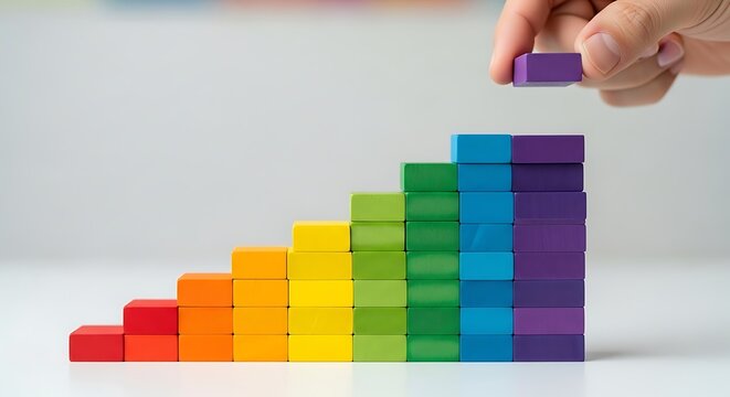Colorful Building Blocks Being Stacked by a Hand to Create a Rainbow Pattern