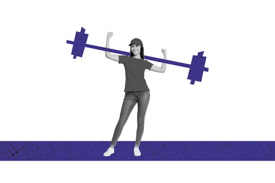 3d sketch poster trend collage image of happy sportswoman show biceps power weightlifting pump gym trainer muscle motivation