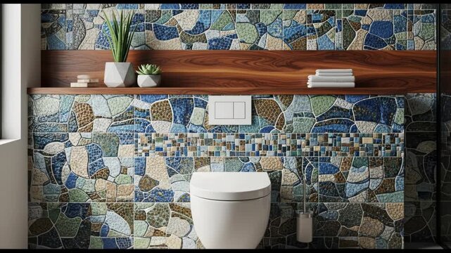 A white toilet against a wall with a mosaic tile design and wooden shelf