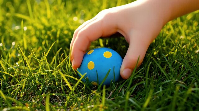 Child hand picking up blue easter egg from green grass lawn