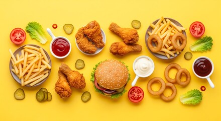 A variety of delicious fried chicken, burgers, and french fries on a yellow background.