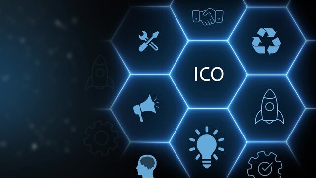 ICO Initial Coin Offering Hexagonal Network with Icons and Blue Glow cryptocurrency blockchain