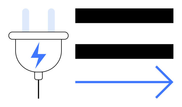 Electric plug with lightning bolt, parallel bars, and blue arrow indicating energy flow, power, and efficiency. Ideal for technology, sustainability, electricity, energy innovation minimalism