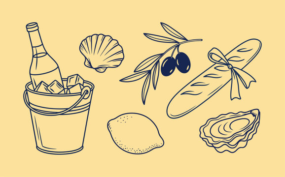 A simple line drawing of a bottle of wine and various French culinary items on a yellow background silhouette
