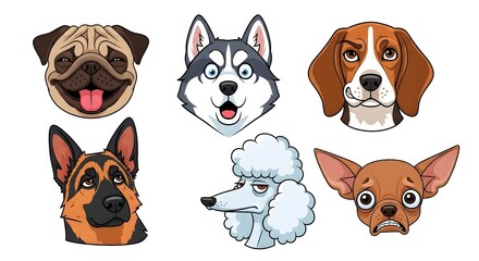 Fototapeta premium Collection of six cartoon dog faces featuring different breeds like pug, husky, beagle, German shepherd, poodle, and chihuahua.