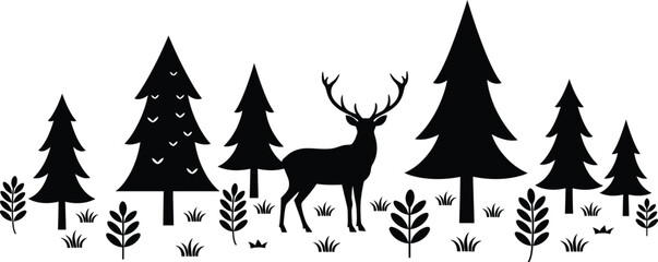 Fototapeta premium Black silhouette of deer with antlers standing among evergreen trees in forest landscape
