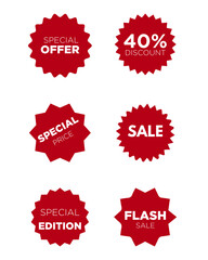 Oval starbursts, circular jagged seals, and scalloped "cloud" bursts. Assorted red promotional badges and sales stickers.