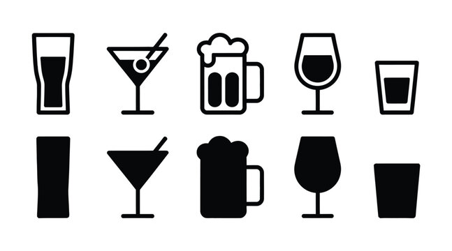 A collection of various drink icons including beer and wine glasses on transparent background