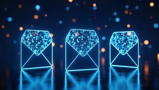 Glowing blue envelopes with pixelated tops on reflective surface digital