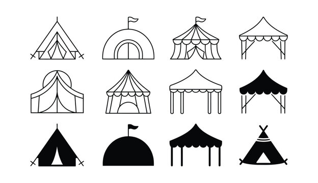A collection of black and white illustrations of various tent styles and designs on transparent background