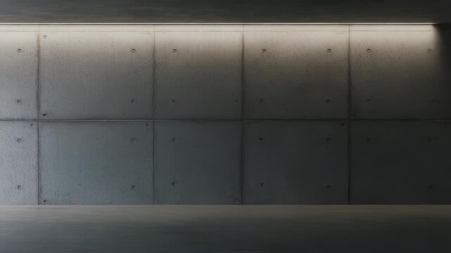 A dimly lit concrete wall with square panels and recessed lighting