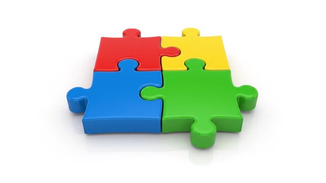 Four colorful interlocking jigsaw puzzle pieces on white background