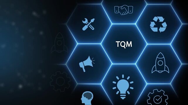 Business concept of TQM with interconnected icons and text in a hexagonal grid management